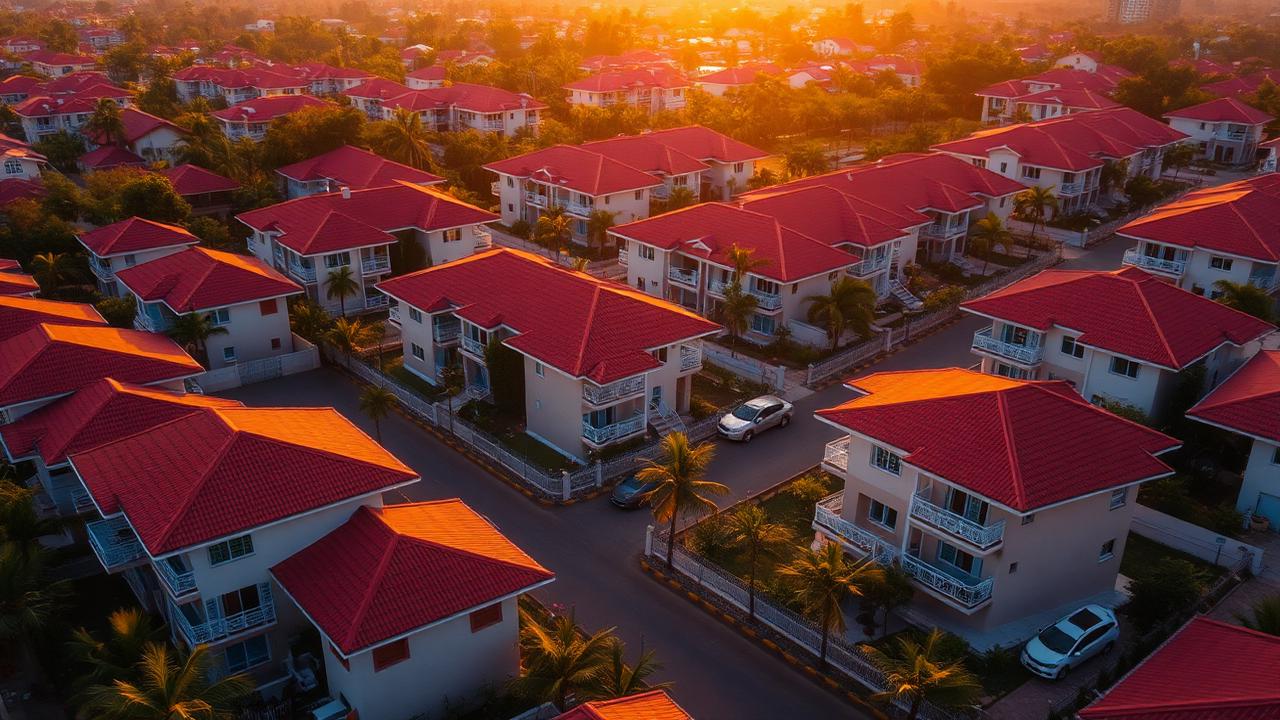 Vue aérienne d'un quartier résidentiel de Kinshasa au coucher du soleil